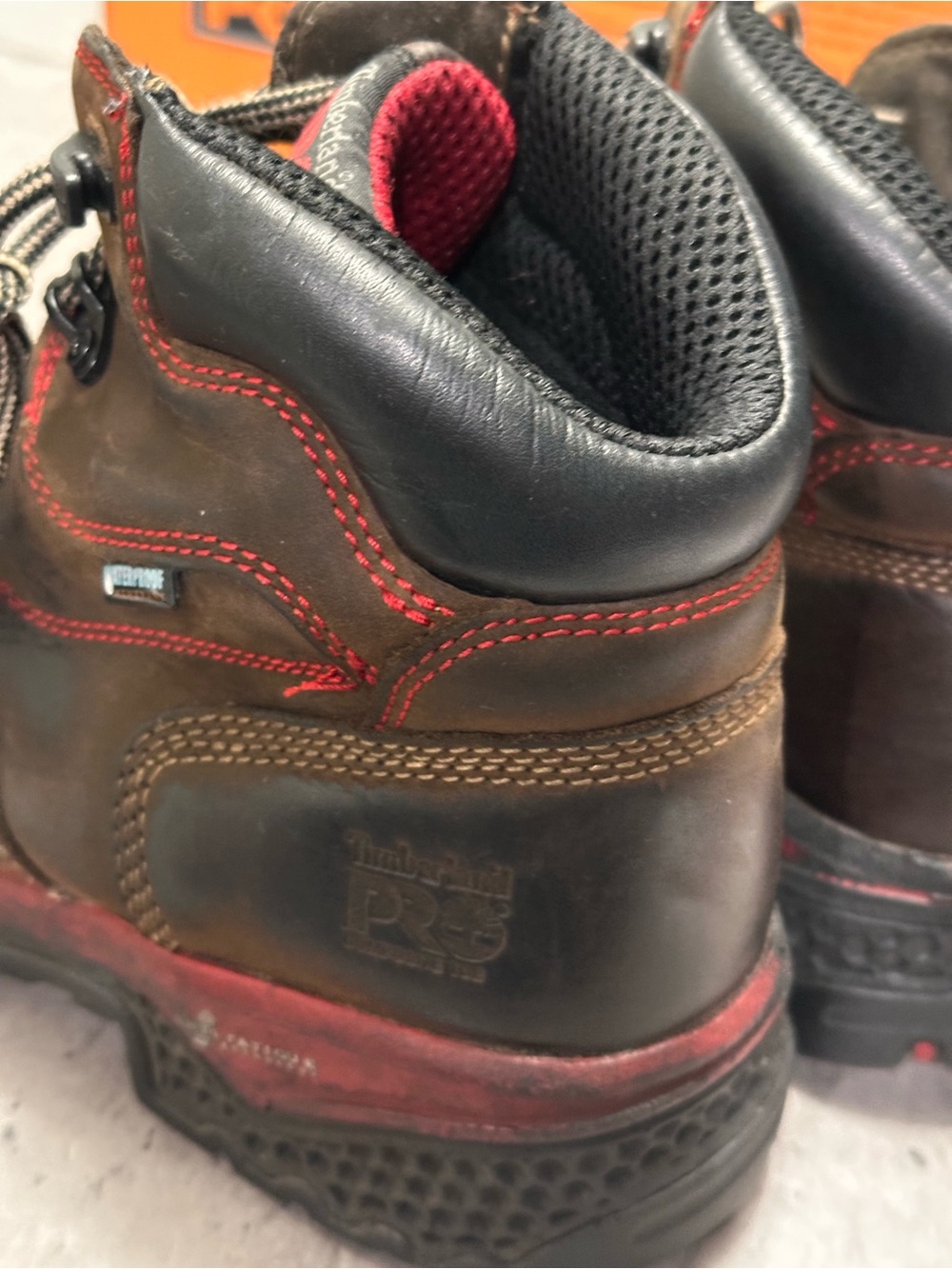 Timberland PRO Men's Brown Leather Work Boots with Black Toe and Red Accents - Picture 5 of 6
